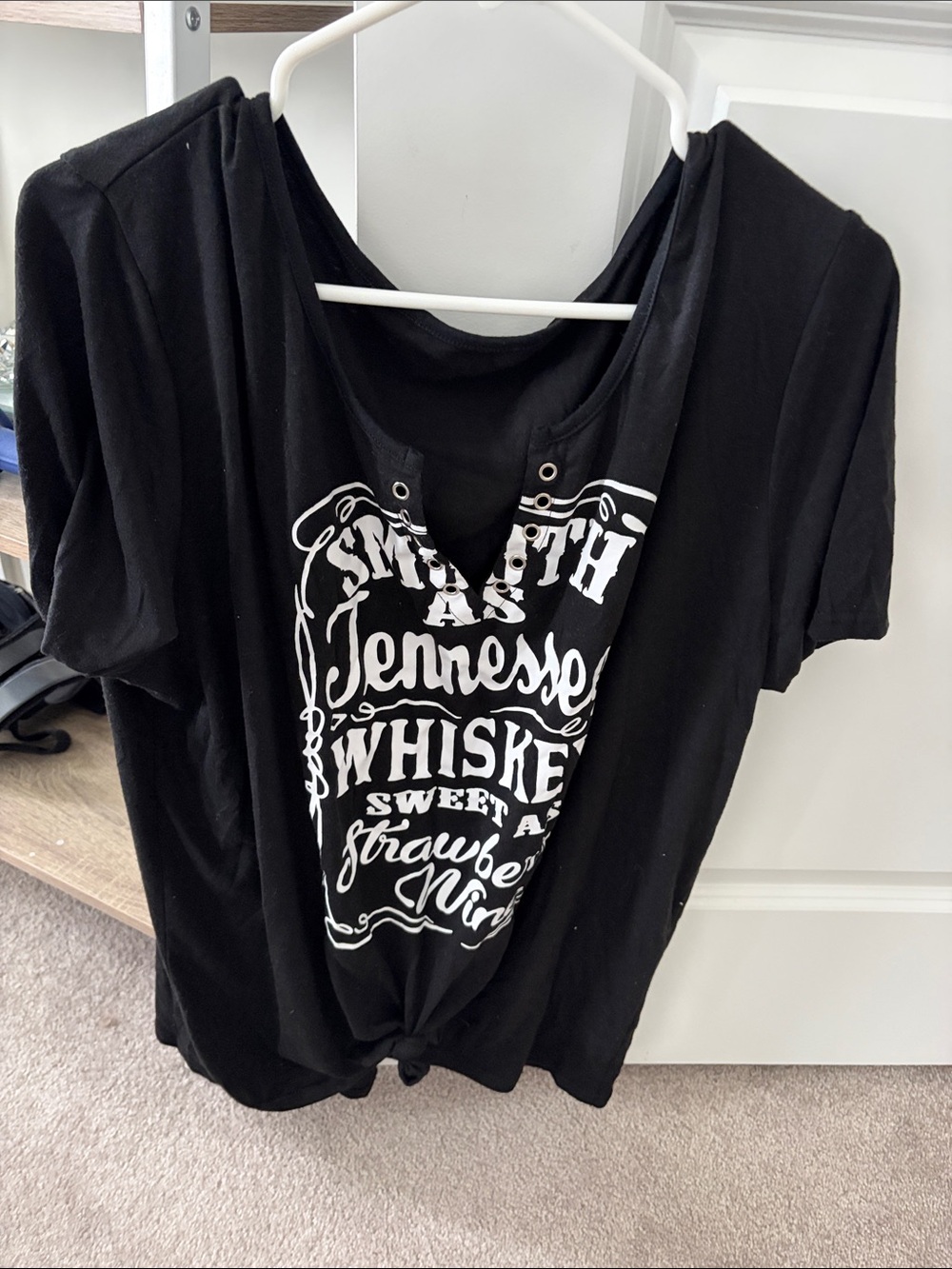 Black Graphic Lace-Up V-Neck Women's Tee with Knot Front